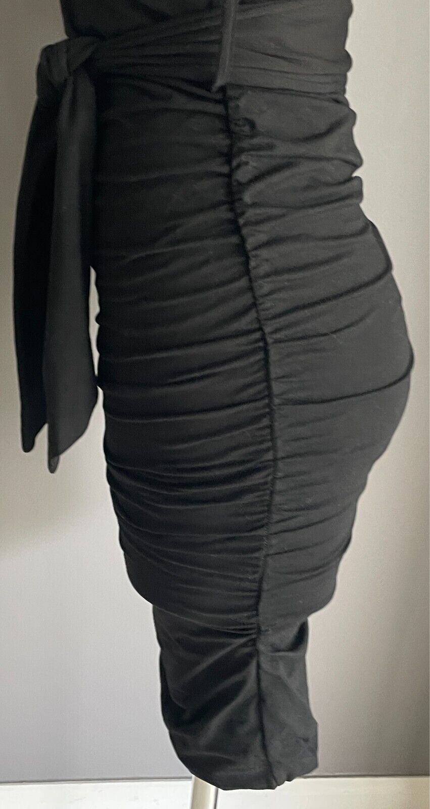 WHITE SANDSTORM Black Dress Faux Wrap Ruched Size S 10 Waist Tie Long Sleeve