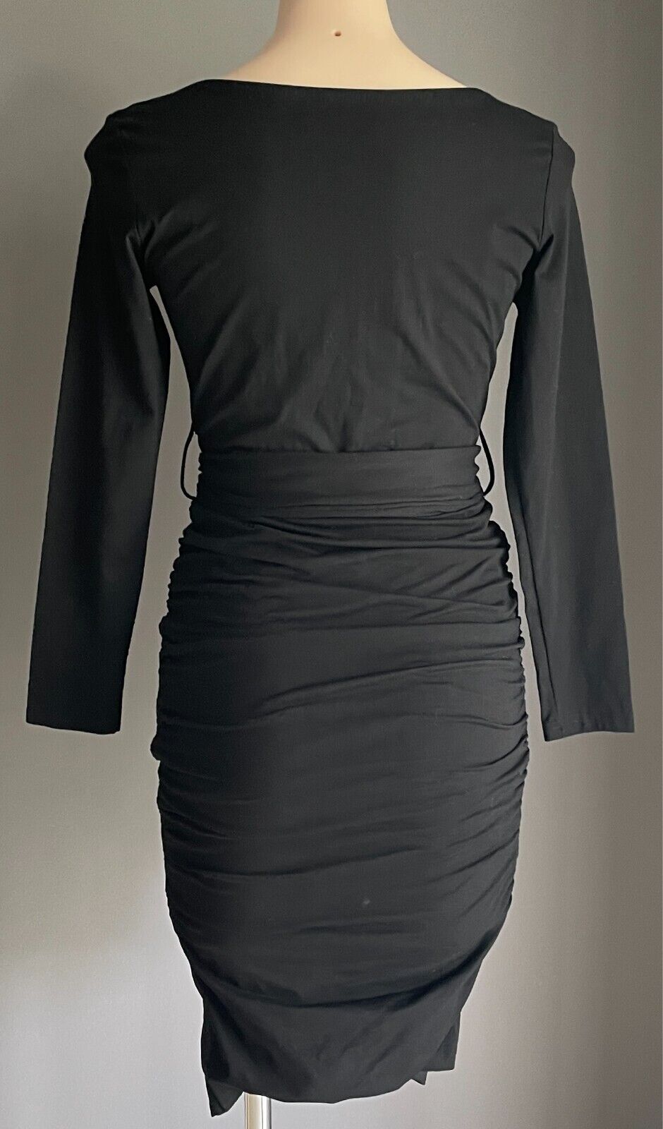 WHITE SANDSTORM Black Dress Faux Wrap Ruched Size S 10 Waist Tie Long Sleeve