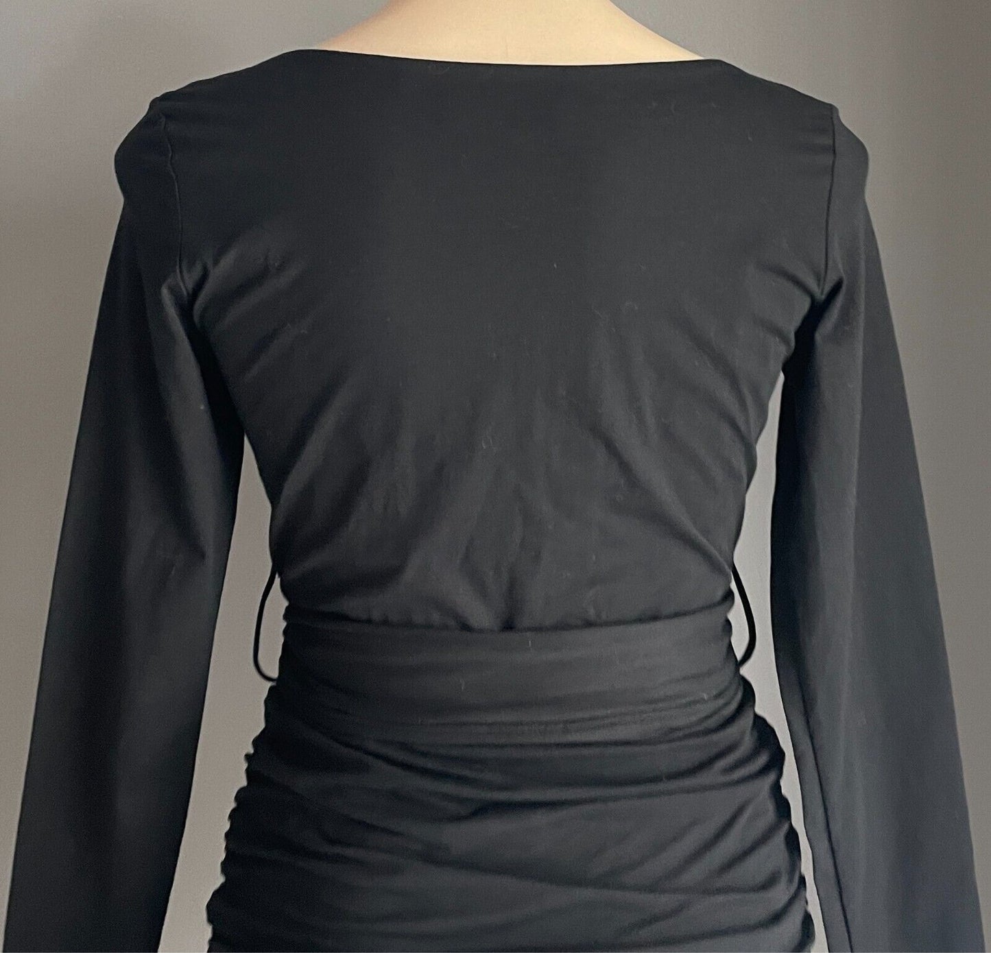 WHITE SANDSTORM Black Dress Faux Wrap Ruched Size S 10 Waist Tie Long Sleeve