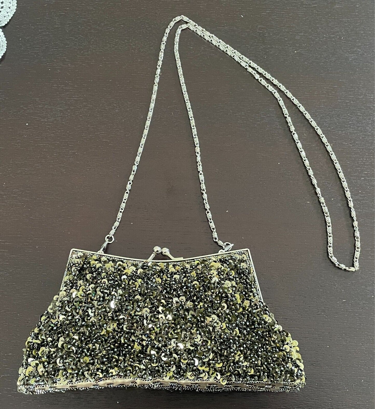 Evening Bag Khaki Bead & Sequin Clutch/Shoulder Frame Silver Hardware Stunning!