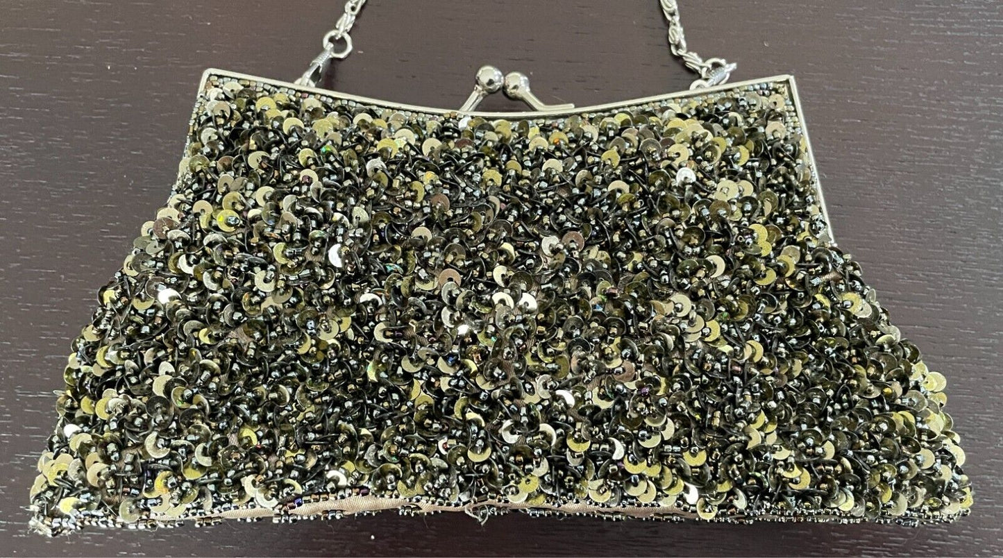 Evening Bag Khaki Bead & Sequin Clutch/Shoulder Frame Silver Hardware Stunning!