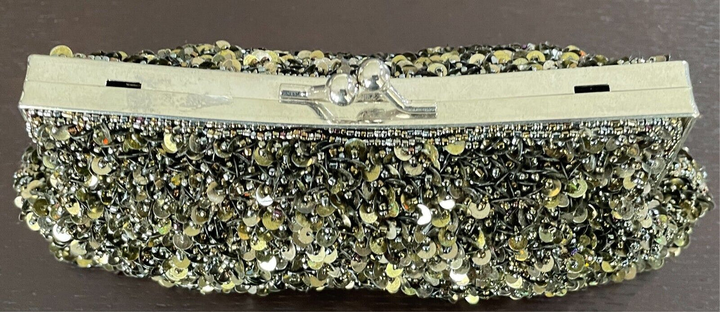 Evening Bag Khaki Bead & Sequin Clutch/Shoulder Frame Silver Hardware Stunning!