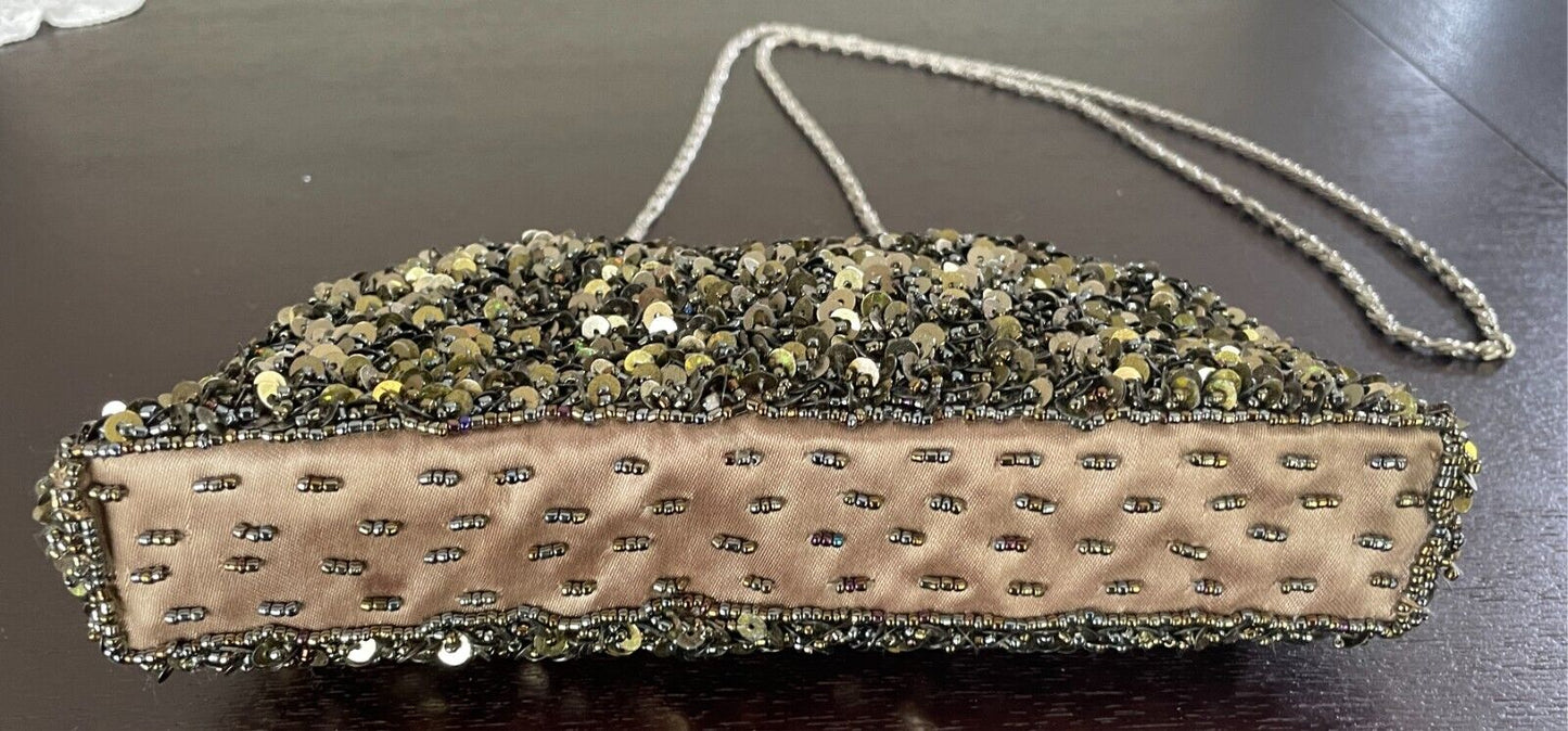 Evening Bag Khaki Bead & Sequin Clutch/Shoulder Frame Silver Hardware Stunning!