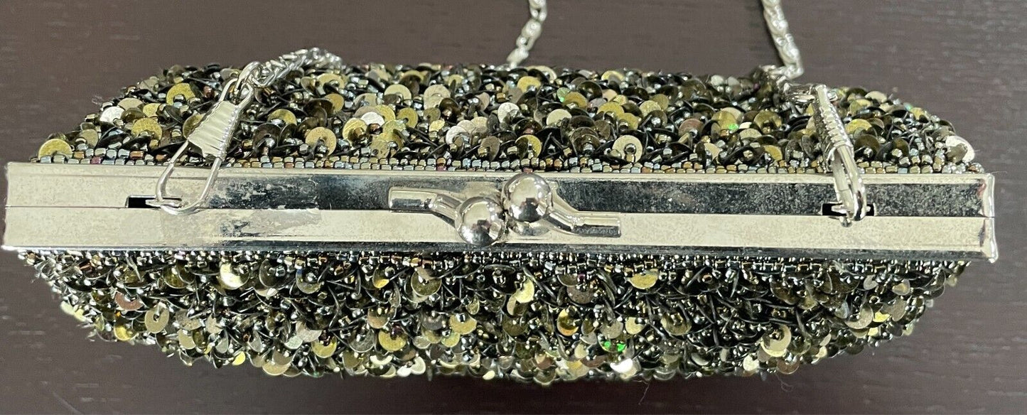 Evening Bag Khaki Bead & Sequin Clutch/Shoulder Frame Silver Hardware Stunning!
