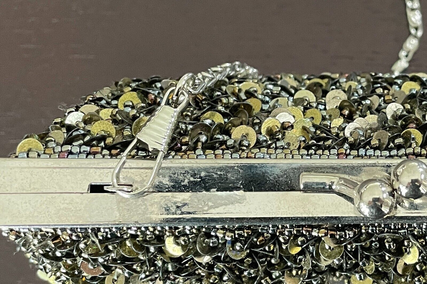 Evening Bag Khaki Bead & Sequin Clutch/Shoulder Frame Silver Hardware Stunning!