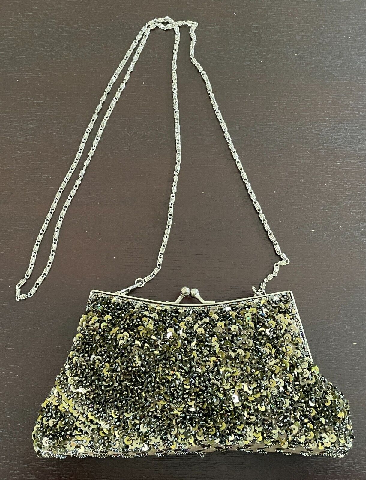 Evening Bag Khaki Bead & Sequin Clutch/Shoulder Frame Silver Hardware Stunning!