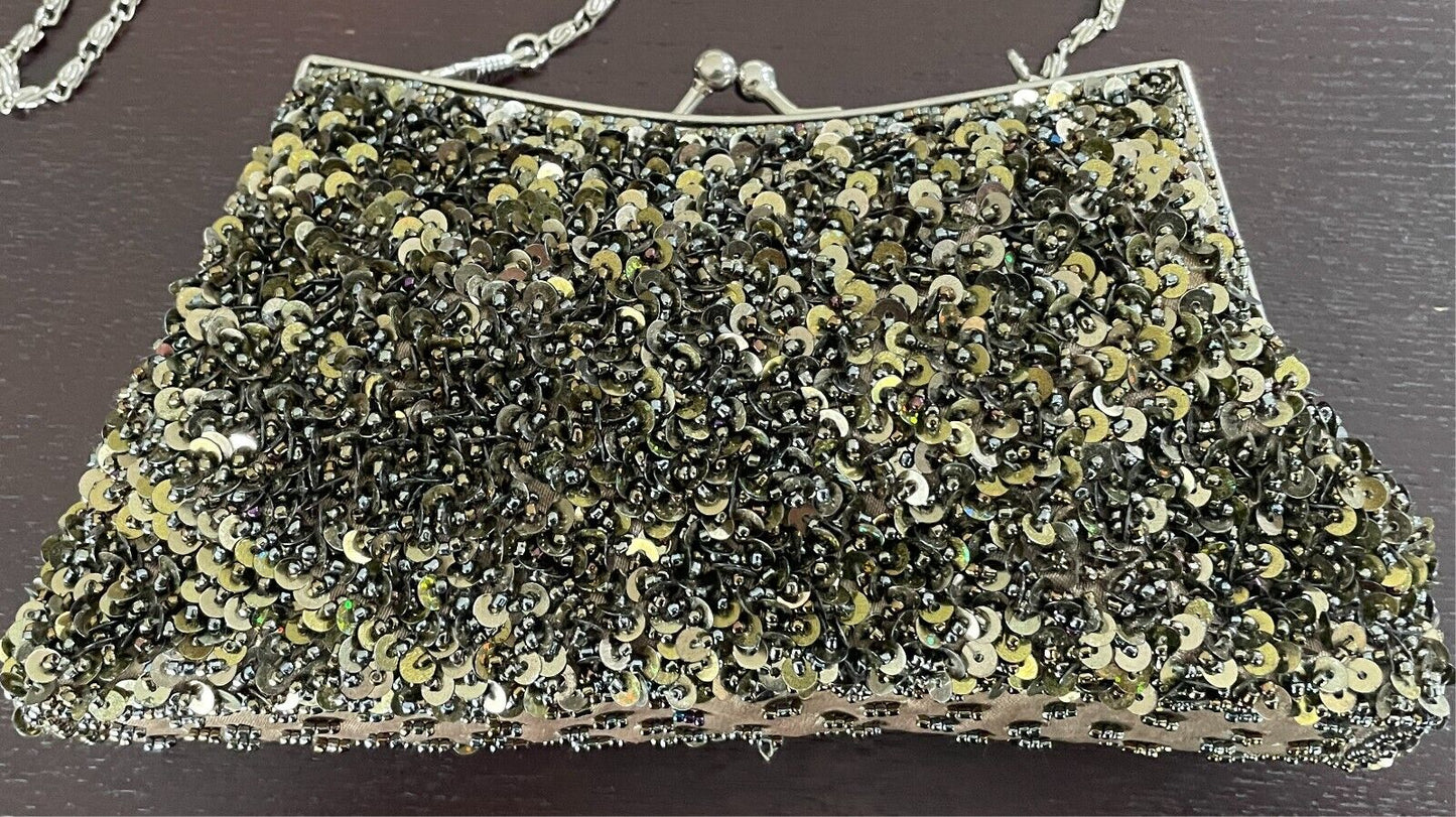 Evening Bag Khaki Bead & Sequin Clutch/Shoulder Frame Silver Hardware Stunning!