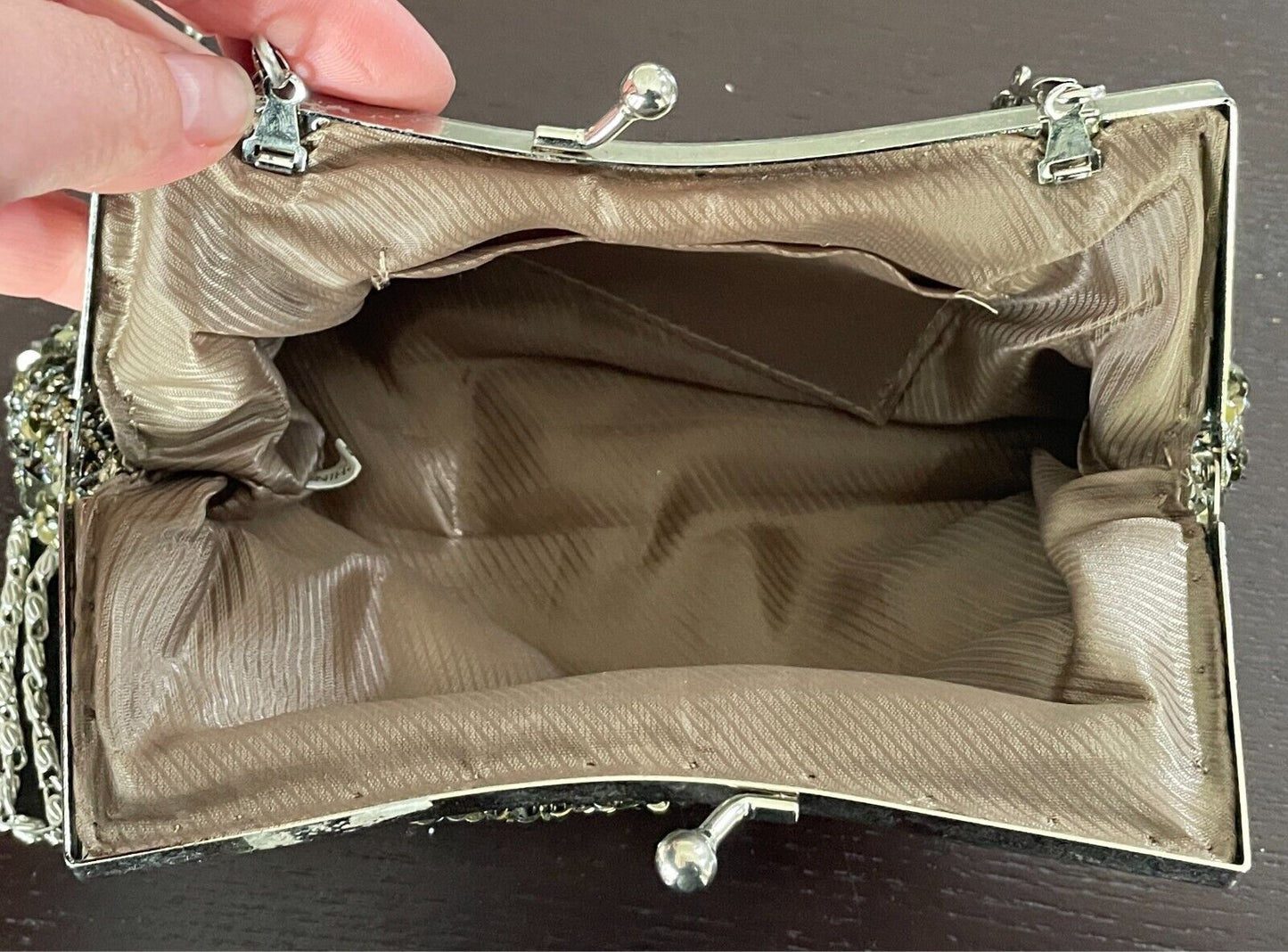 Evening Bag Khaki Bead & Sequin Clutch/Shoulder Frame Silver Hardware Stunning!