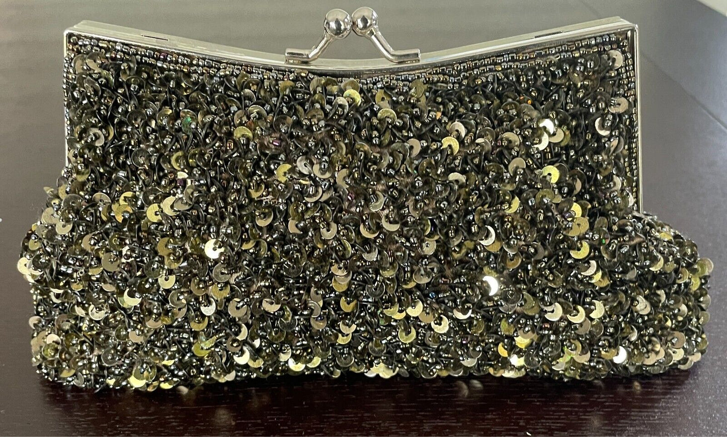 Evening Bag Khaki Bead & Sequin Clutch/Shoulder Frame Silver Hardware Stunning!