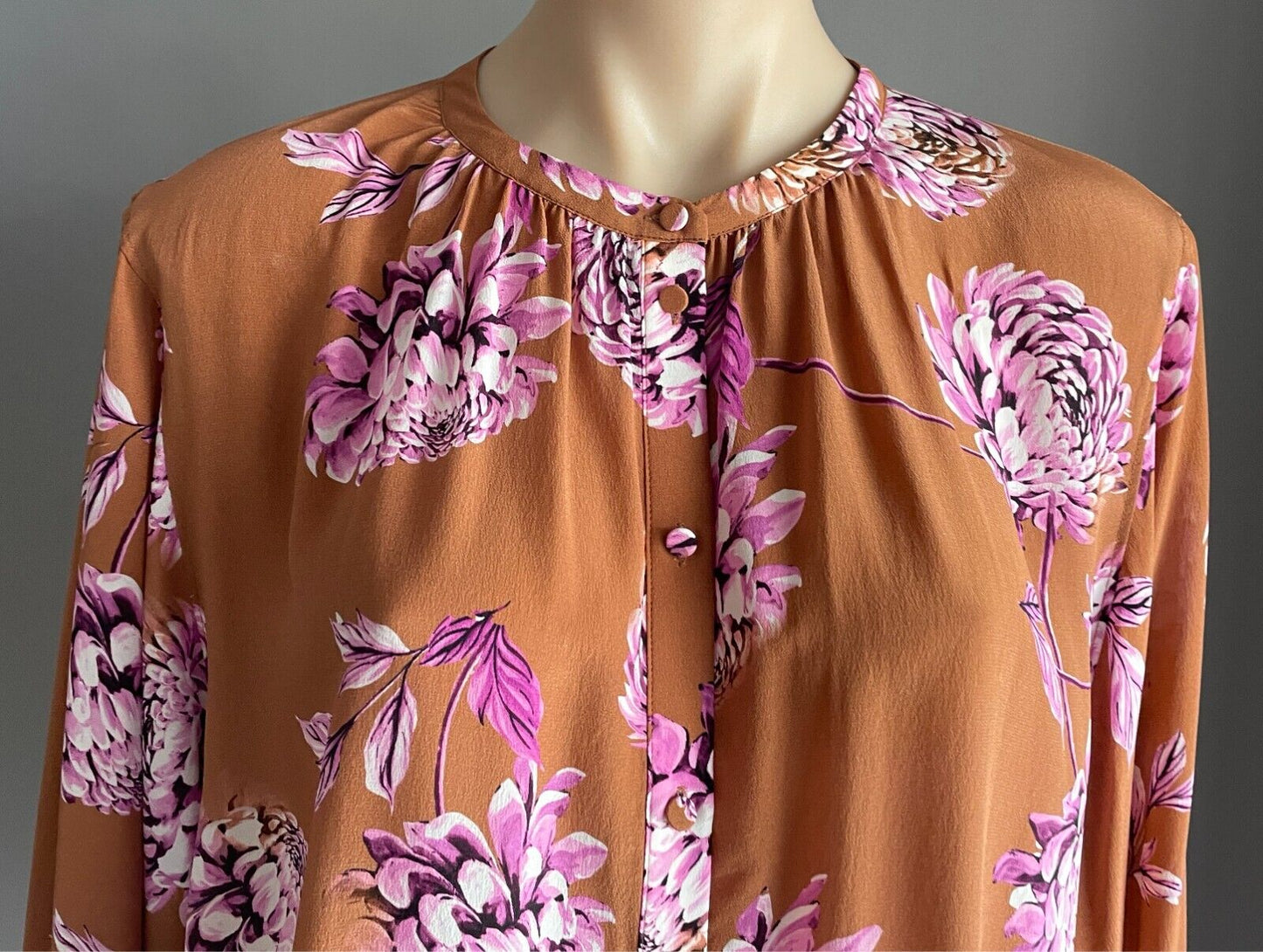 WITCHERY Silk Blouse Long Dolman Sleeve Size 12 Brown Pink Floral Print Top