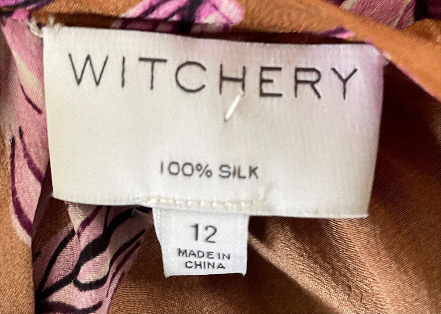 WITCHERY Silk Blouse Long Dolman Sleeve Size 12 Brown Pink Floral Print Top