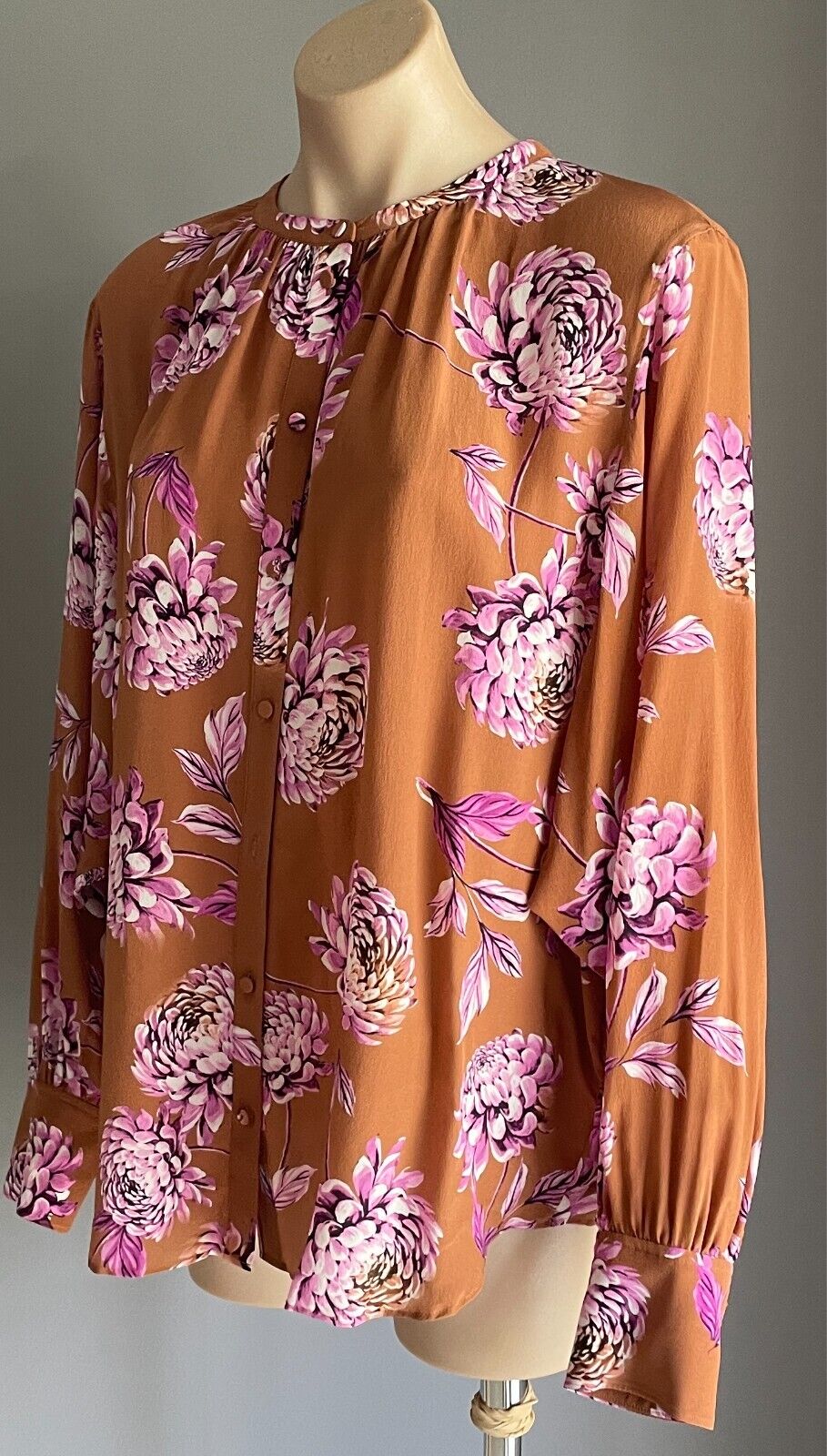 WITCHERY Silk Blouse Long Dolman Sleeve Size 12 Brown Pink Floral Print Top