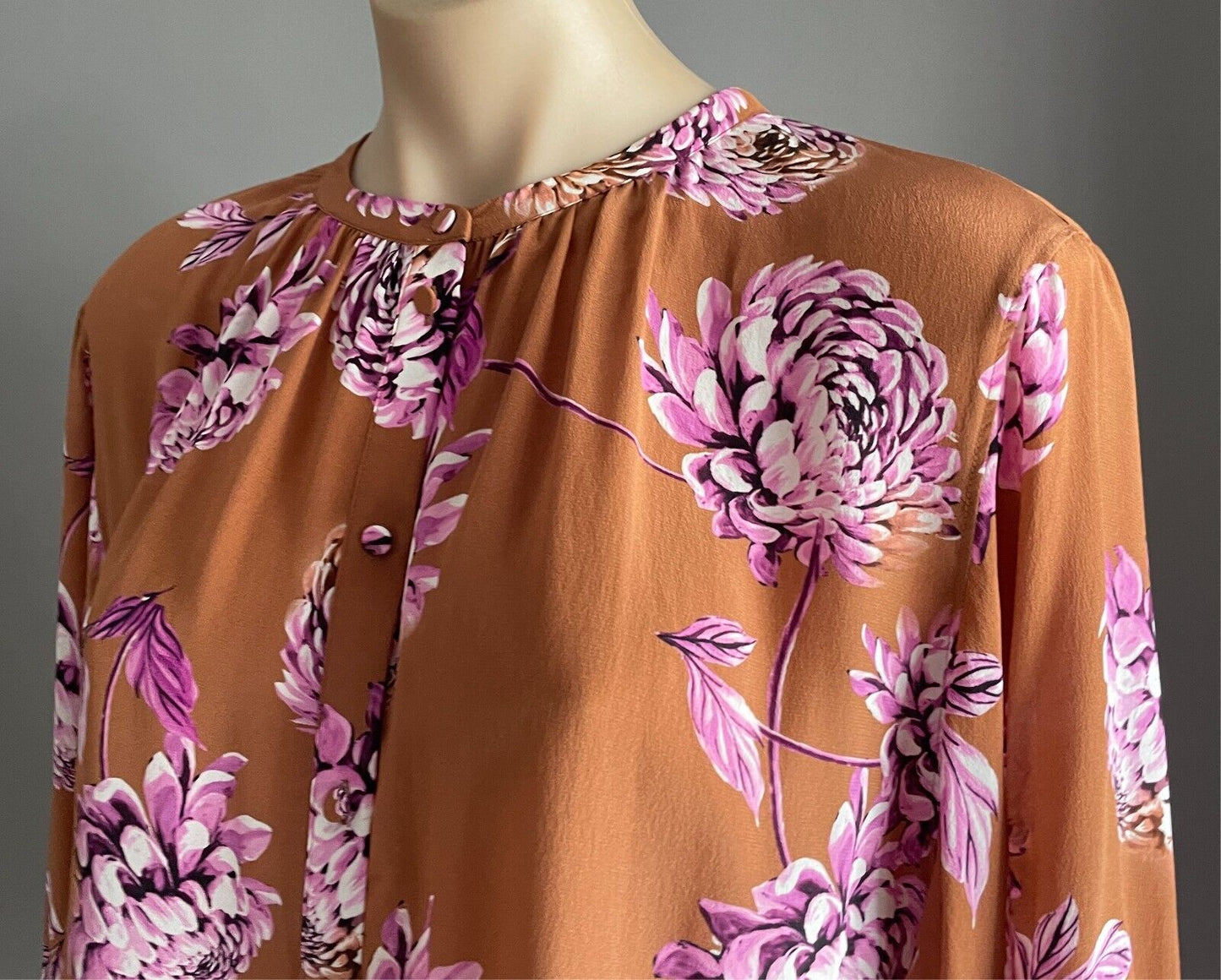 WITCHERY Silk Blouse Long Dolman Sleeve Size 12 Brown Pink Floral Print Top