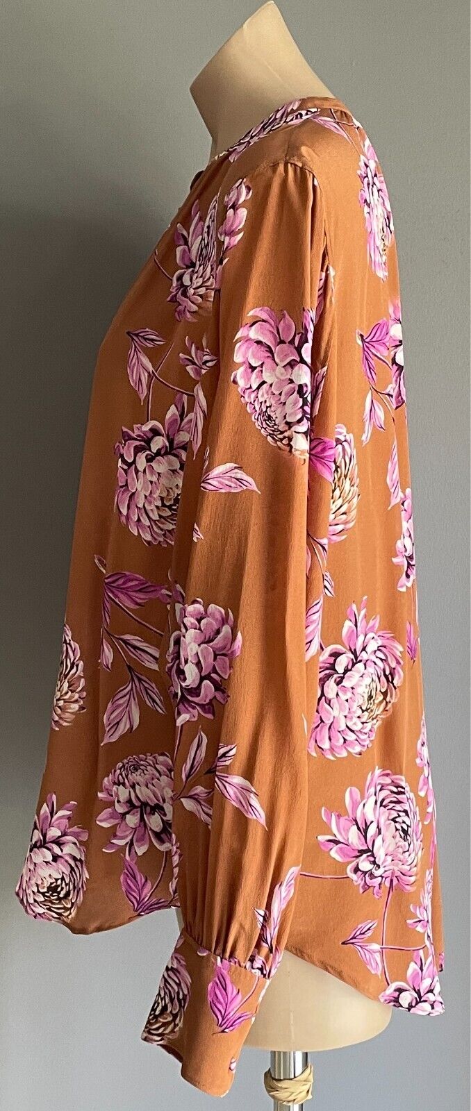 WITCHERY Silk Blouse Long Dolman Sleeve Size 12 Brown Pink Floral Print Top