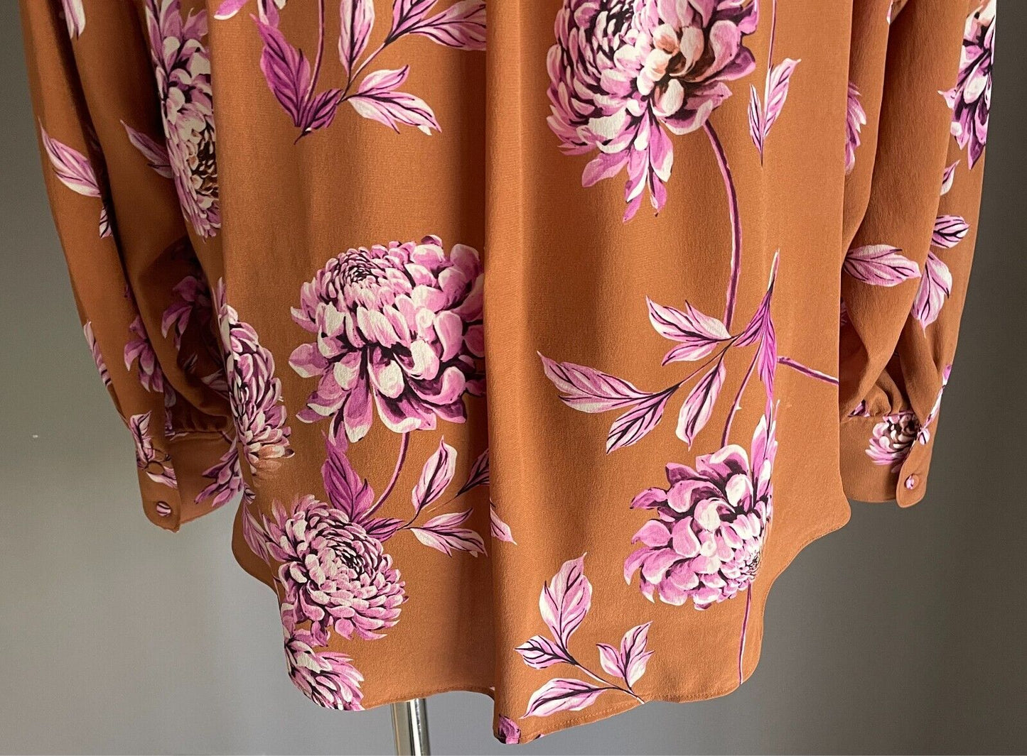 WITCHERY Silk Blouse Long Dolman Sleeve Size 12 Brown Pink Floral Print Top