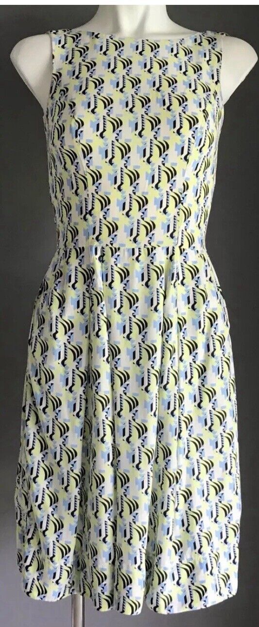 CUE Dress Sleeveless Shift Black Neon Blue White Abstract Print Ladies Size 6 8