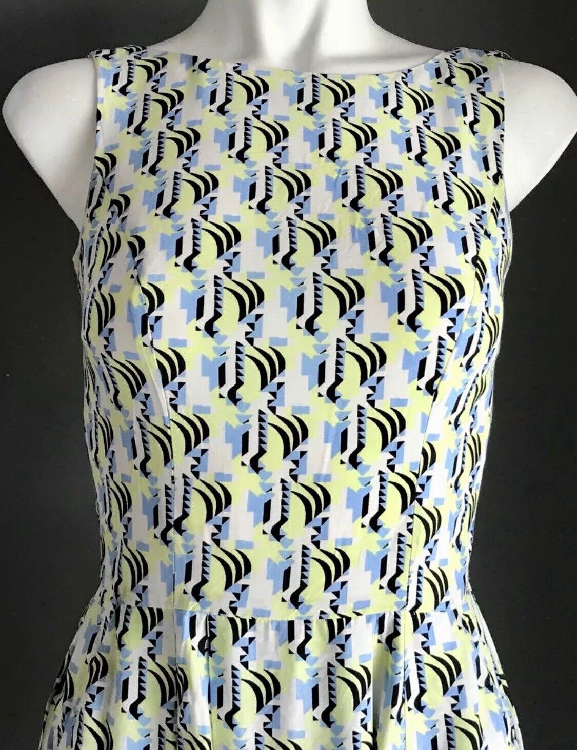 CUE Dress Sleeveless Shift Black Neon Blue White Abstract Print Ladies Size 6 8