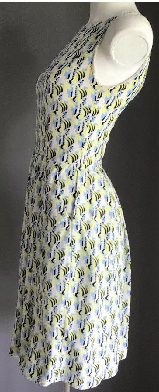 CUE Dress Sleeveless Shift Black Neon Blue White Abstract Print Ladies Size 6 8