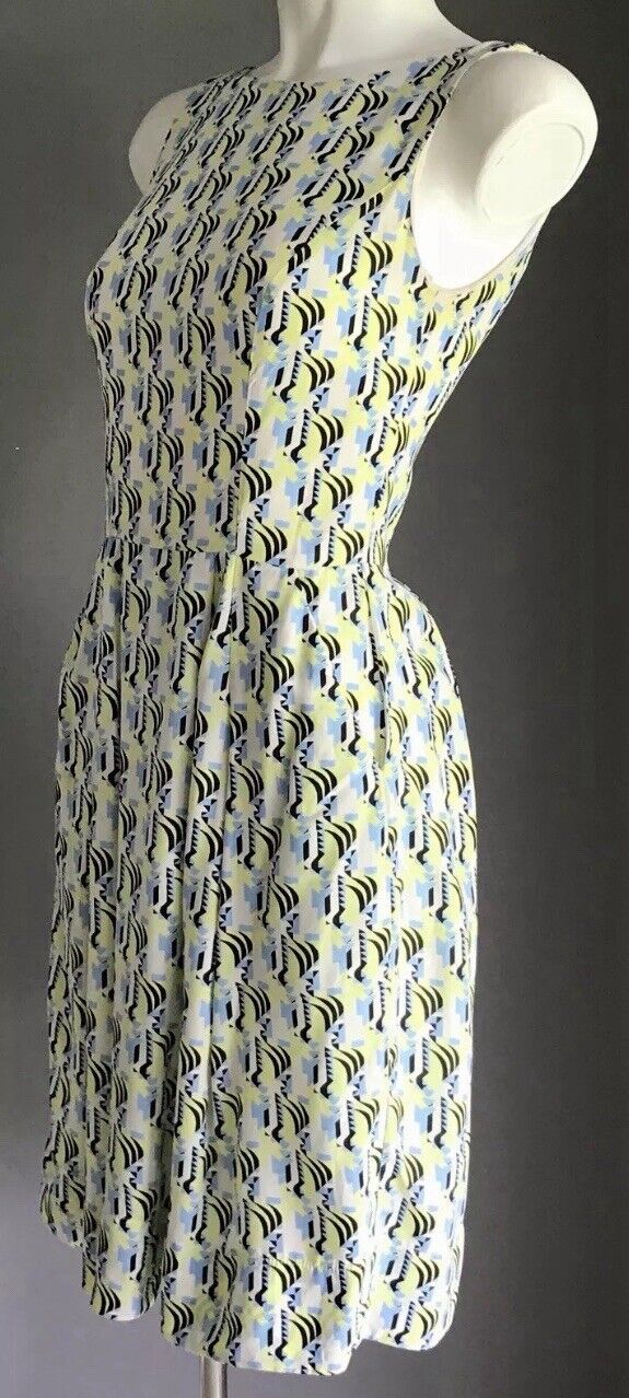 CUE Dress Sleeveless Shift Black Neon Blue White Abstract Print Ladies Size 6 8