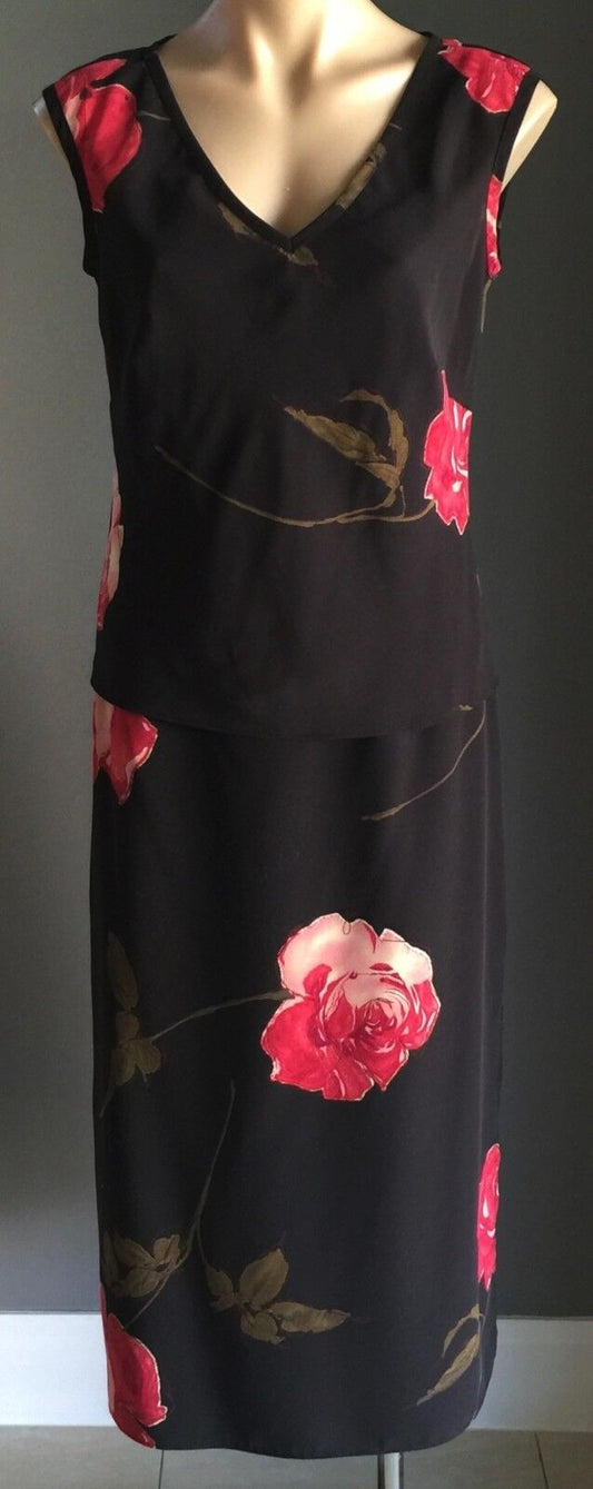 CUE Skirt Suit 3 Piece Set Black Floral Rose Skirt Camisole Top Size 10 Vintage