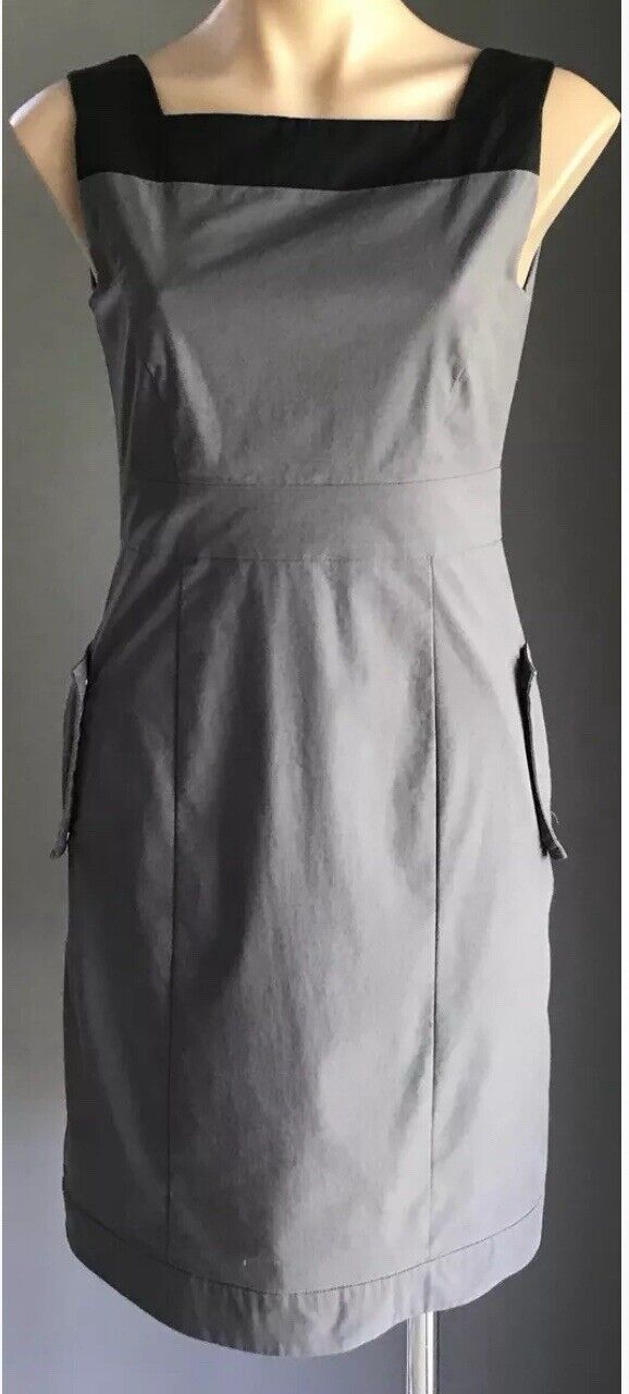 CUE Sheath Dress Sleeveless Knee Length Grey & Black Trim Ladies Size 8 10