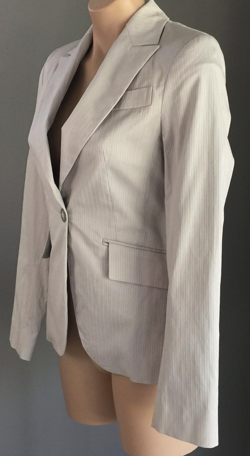 CUE Blazer Beige & Taupe Pinstripe Single Breasted Long Sleeve Jacket Size 8 10