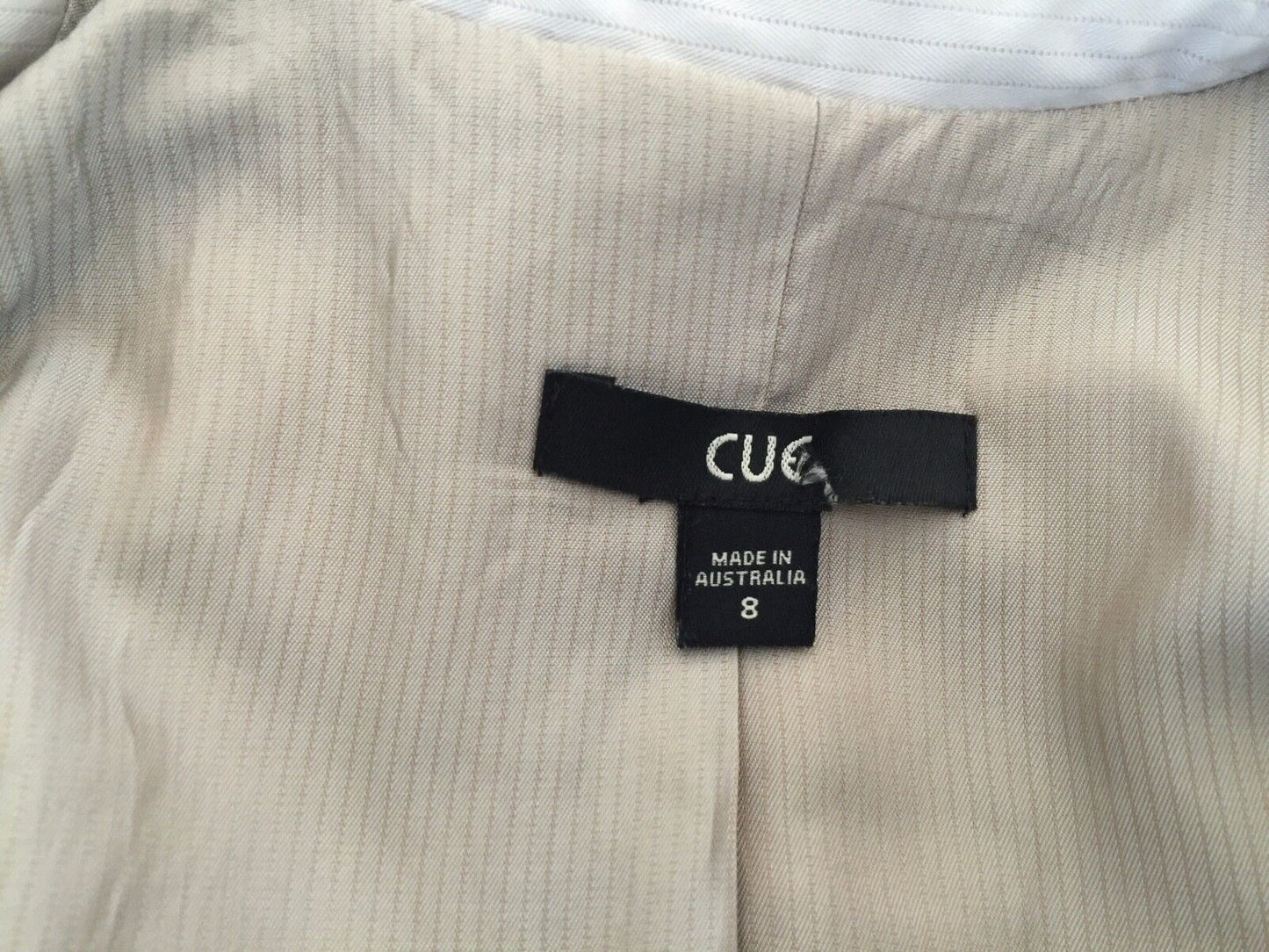 CUE Blazer Beige & Taupe Pinstripe Single Breasted Long Sleeve Jacket Size 8 10