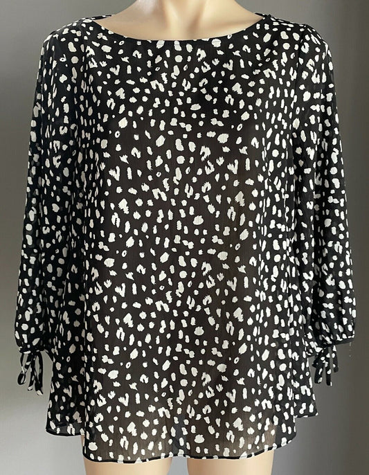 CUE Top Black & White Leopard Print Semi Sheer 3/4 Sleeve Blouse Ladies Size 10