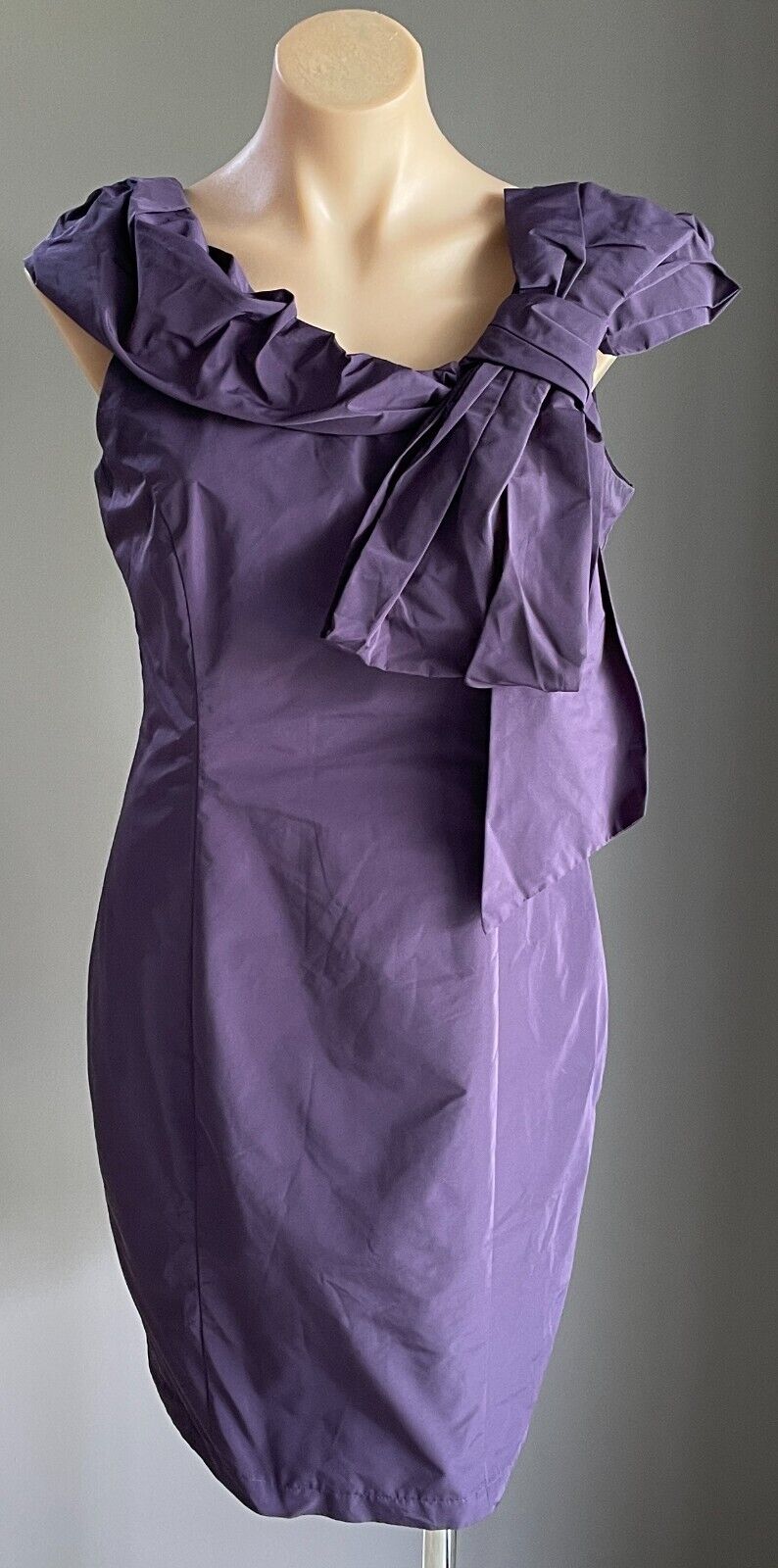 CUE Dress Purple Taffeta Sleeveless Sheath Bow Trim Short Size 10 Evening NEW