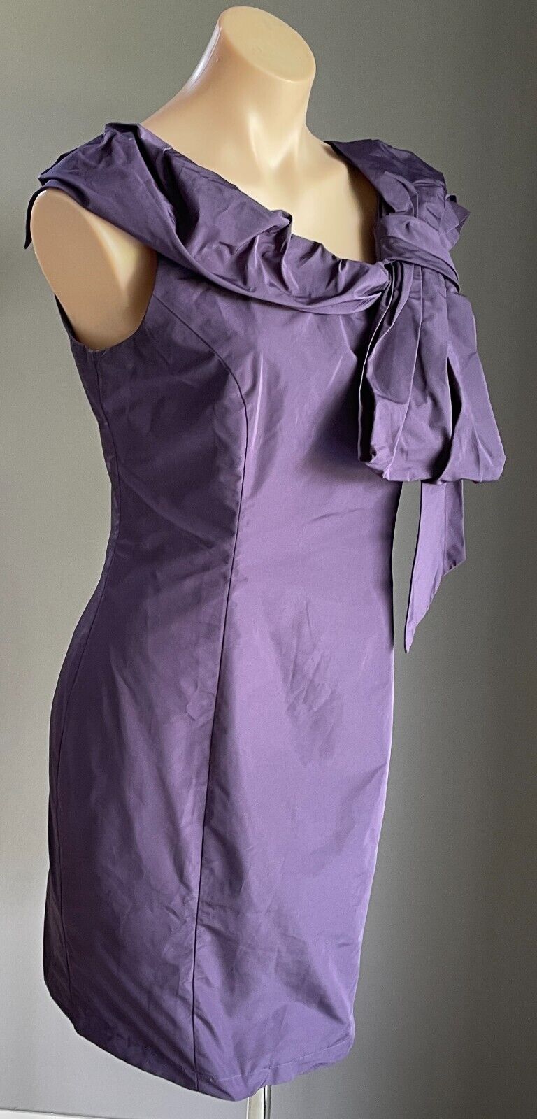 CUE Dress Purple Taffeta Sleeveless Sheath Bow Trim Short Size 10 Evening NEW