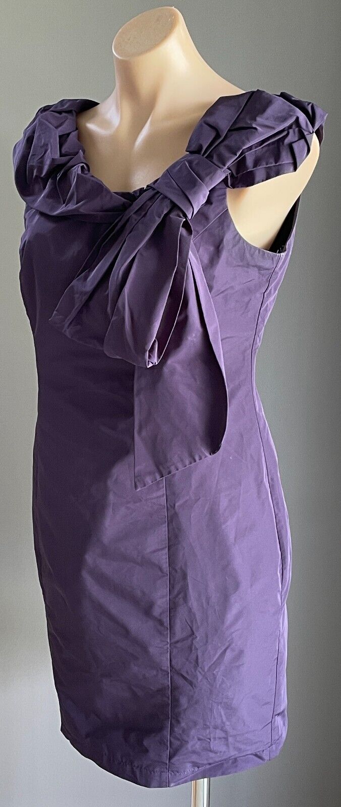 CUE Dress Purple Taffeta Sleeveless Sheath Bow Trim Short Size 10 Evening NEW