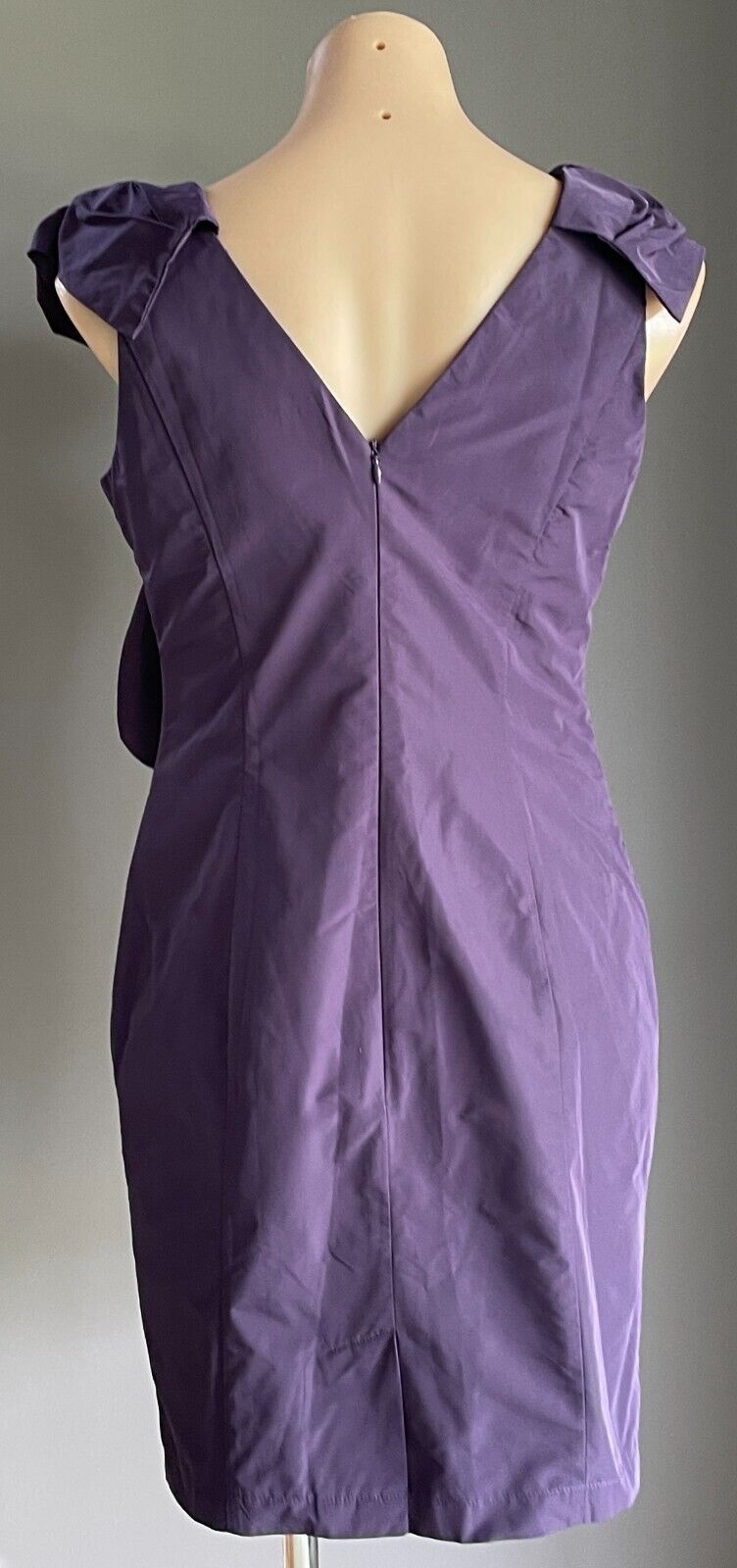 CUE Dress Purple Taffeta Sleeveless Sheath Bow Trim Short Size 10 Evening NEW