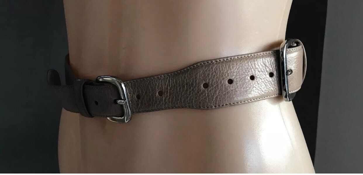 CUE Belt Taupe Leather Double Buckle Size S 10 Waist 67 - 75cm Retro 85cm
