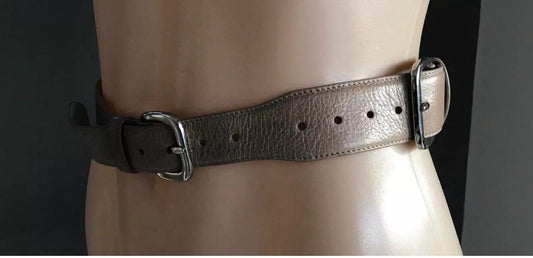 CUE Belt Taupe Leather Double Buckle Size S 10 Waist 67 - 75cm Retro 85cm