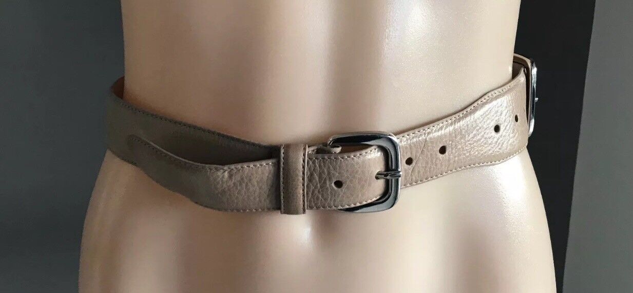CUE Belt Taupe Leather Double Buckle Size S 10 Waist 67 - 75cm Retro 85cm