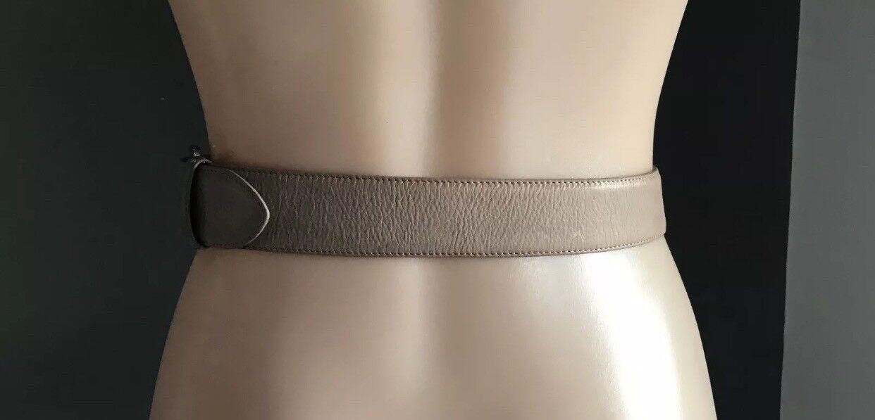 CUE Belt Taupe Leather Double Buckle Size S 10 Waist 67 - 75cm Retro 85cm