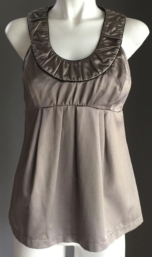 CUE Top Grey & Black Trim Satin Sleeveless Blouse Ladies Size 8 So Stylish