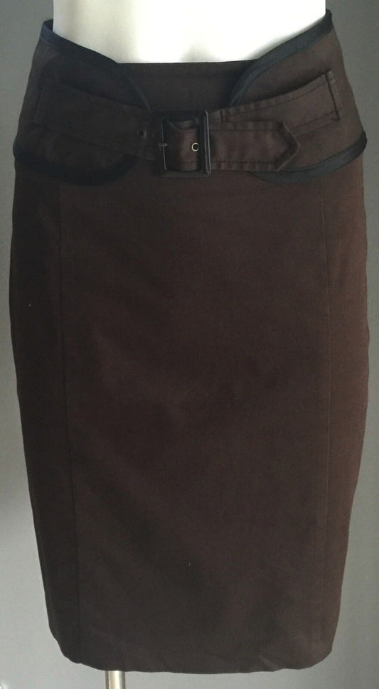 CUE Skirt Straight Brown & Black High Waist Self Belt Ladies Size 10 Vintage