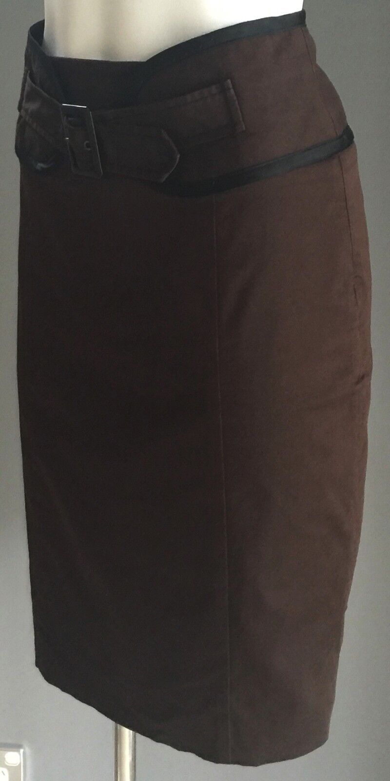 CUE Skirt Straight Brown & Black High Waist Self Belt Ladies Size 10 Vintage