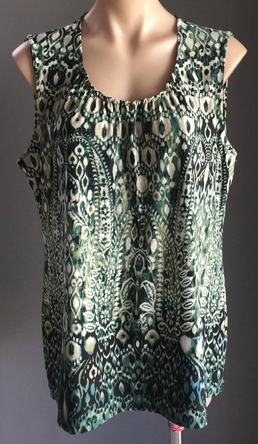 MILLERS Top Tank Green Khaki & White Print Sleeveless Tee Plus Size 18