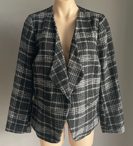 MILLERS Jacket Black White Grey Check Collarless Zip Trim Long Sleeve Size 14