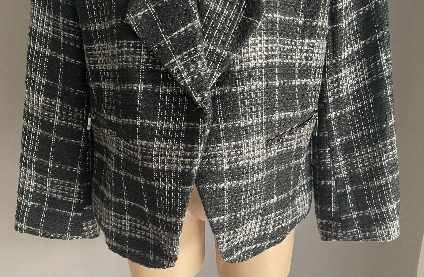 MILLERS Jacket Black White Grey Check Collarless Zip Trim Long Sleeve Size 14