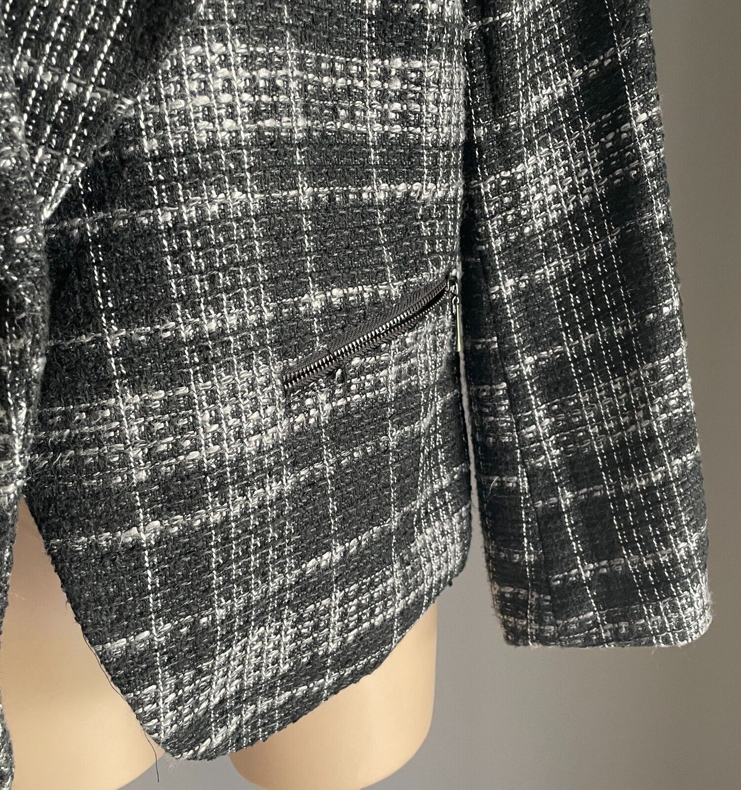 MILLERS Jacket Black White Grey Check Collarless Zip Trim Long Sleeve Size 14