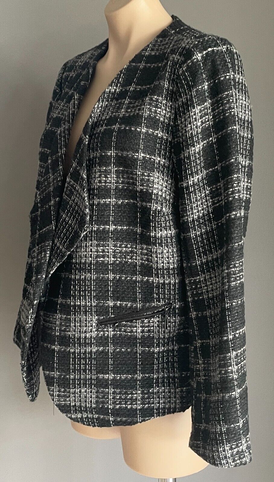 MILLERS Jacket Black White Grey Check Collarless Zip Trim Long Sleeve Size 14