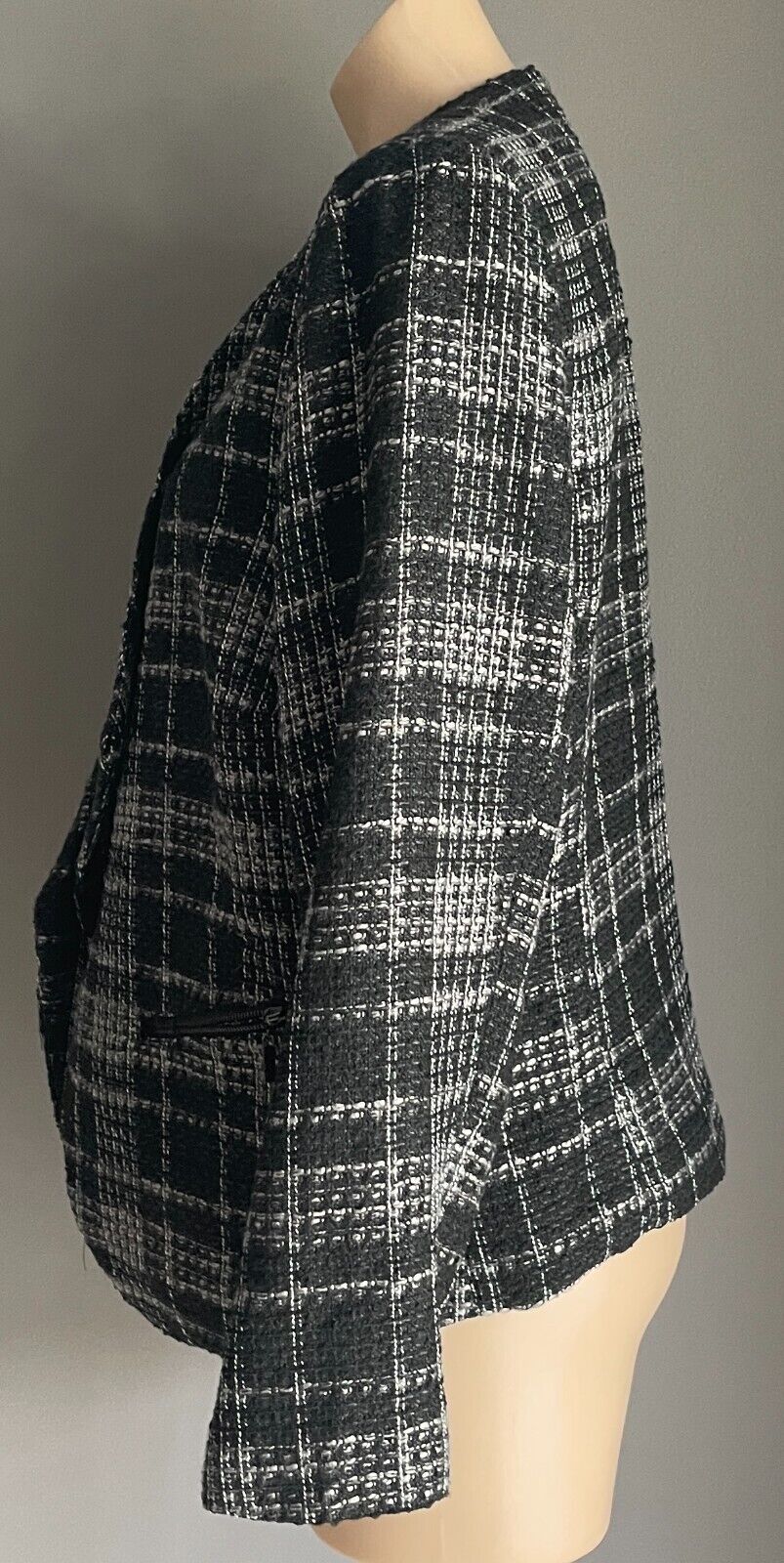 MILLERS Jacket Black White Grey Check Collarless Zip Trim Long Sleeve Size 14