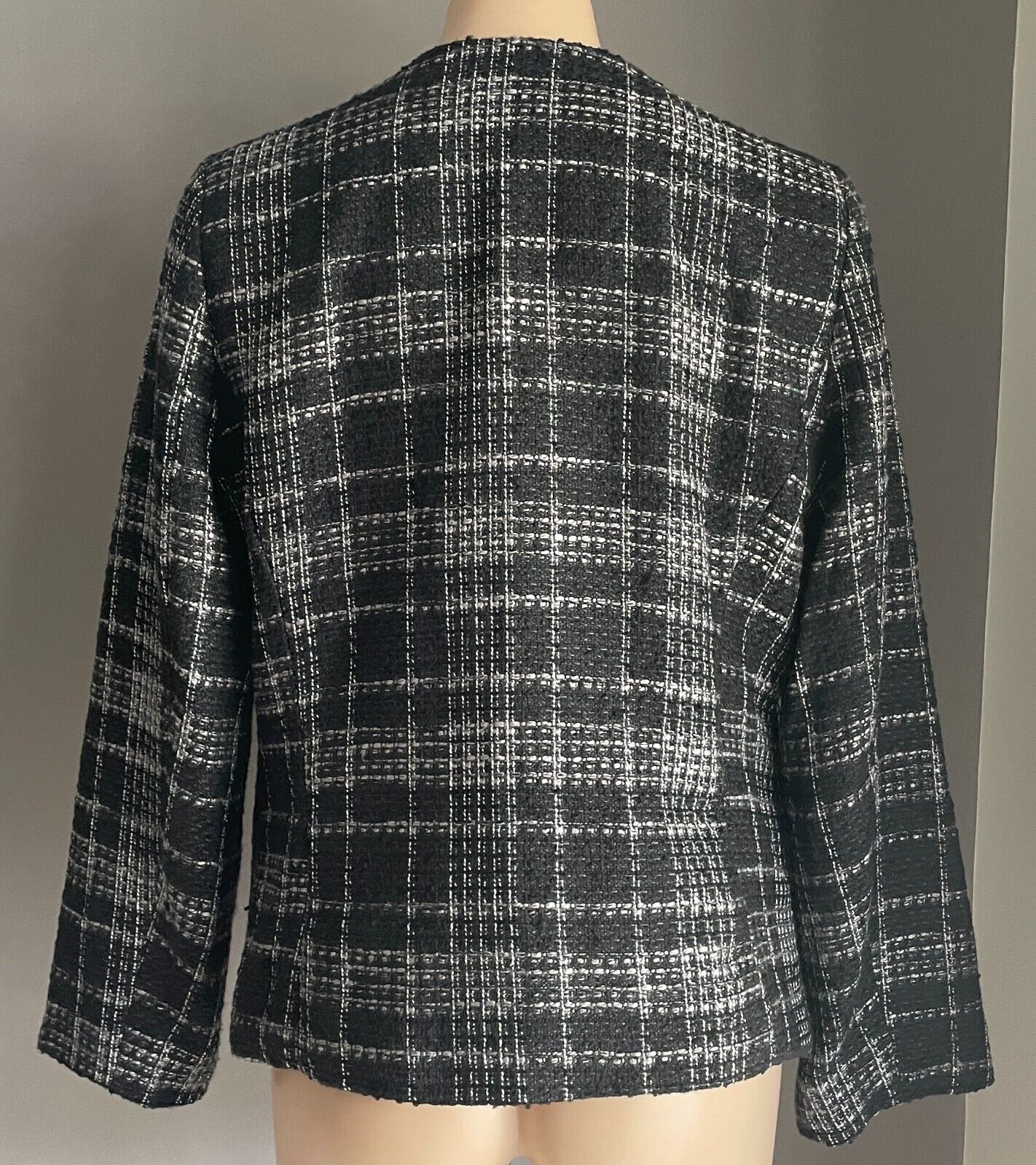 MILLERS Jacket Black White Grey Check Collarless Zip Trim Long Sleeve Size 14