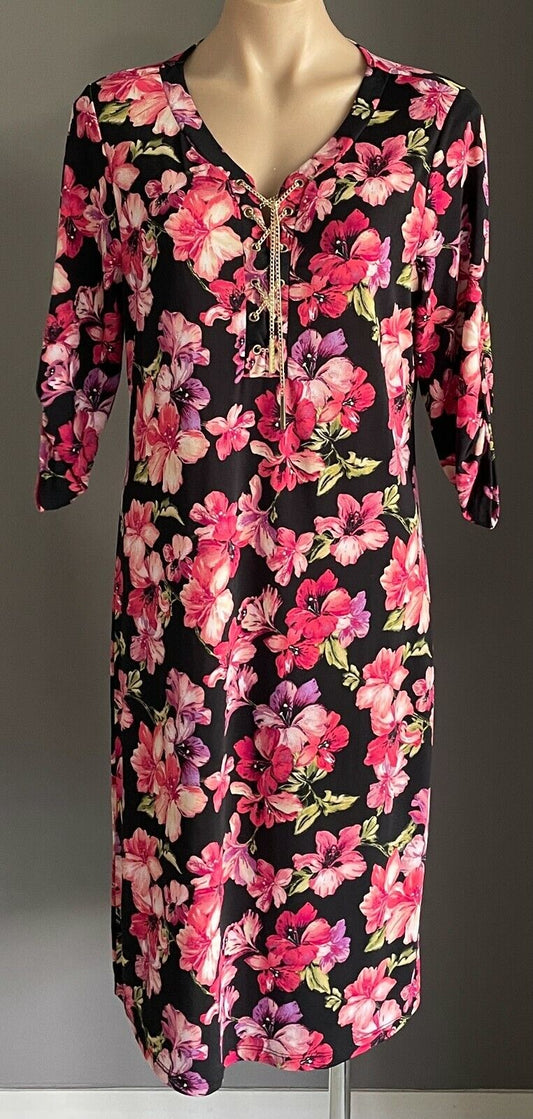MILLERS WOMAN Dress Midi Black Floral 3/4 Sleeve Stretch Gold Chain Size 10