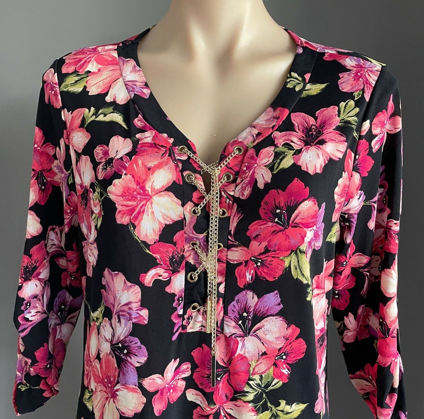 MILLERS WOMAN Dress Midi Black Floral 3/4 Sleeve Stretch Gold Chain Size 10