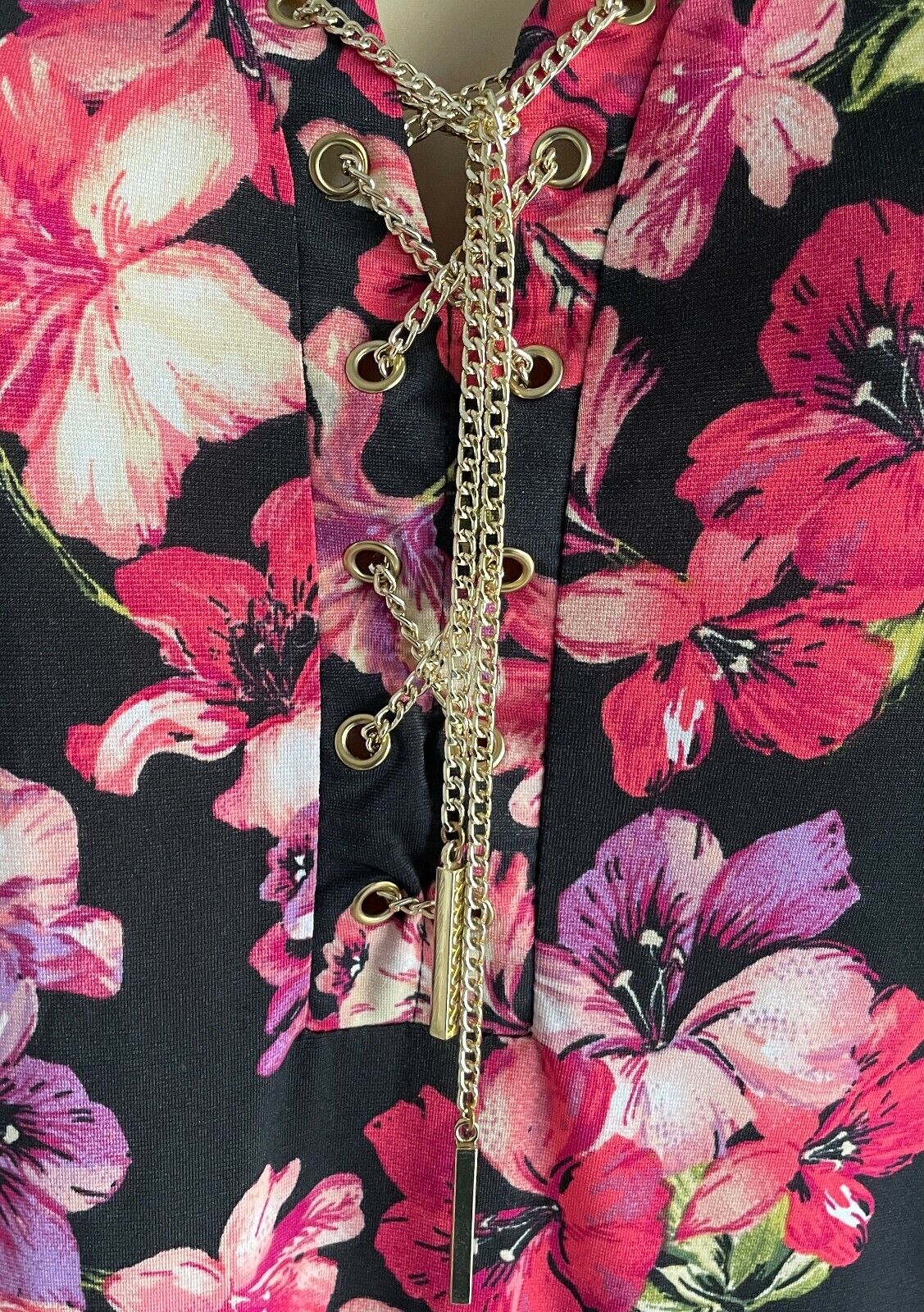 MILLERS WOMAN Dress Midi Black Floral 3/4 Sleeve Stretch Gold Chain Size 10