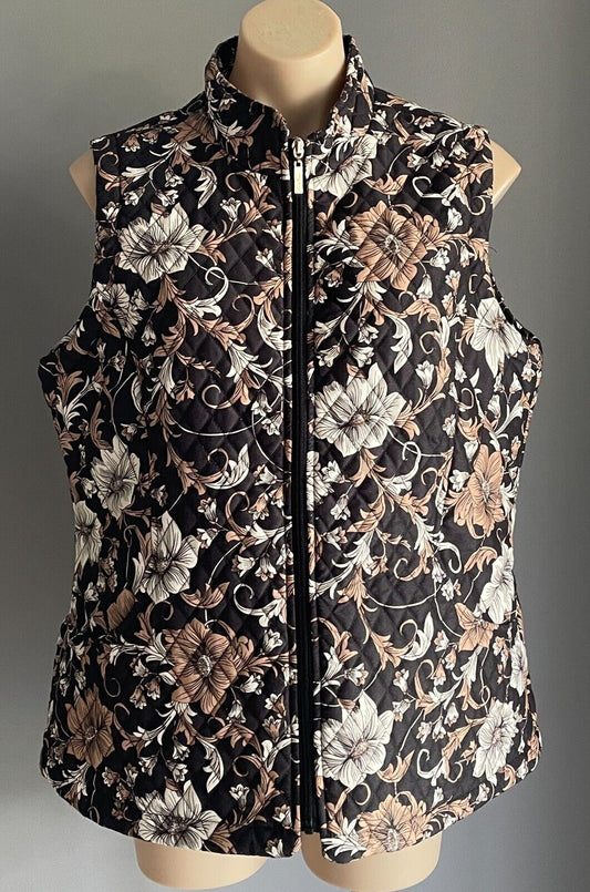 MILLERS Sleeveless Quilted Vest Gilet Size 16 Black Beige Whit Floral Zip Front